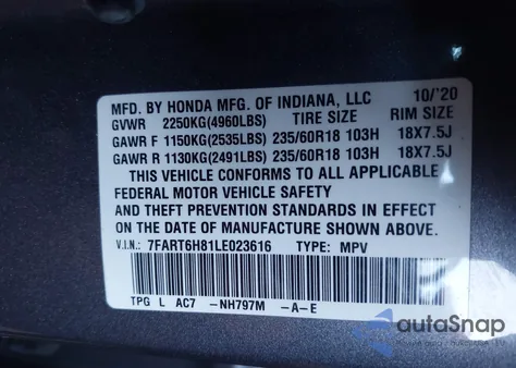 2020 Honda Cr-V Hybrid Ex-L from USA, damaged, VIN 7FART6H81LE023616